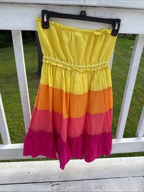 PINK Victoria's Secret Yellow Orange Pink Tiered Smocked Dress